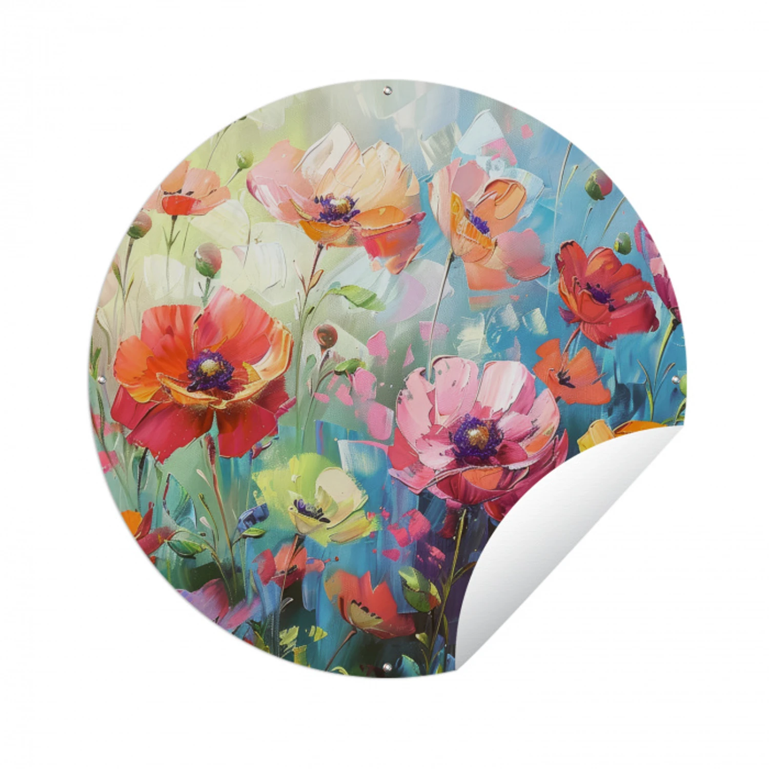 Bloemen - Kleurrijk - Waterverf - Natuur - Zomer Wandcirkel tuinposter met ringen klein -3d