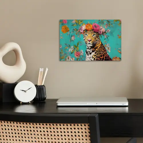 Luipaard - Bloemen - Kroon poster papier klein -sfeer1