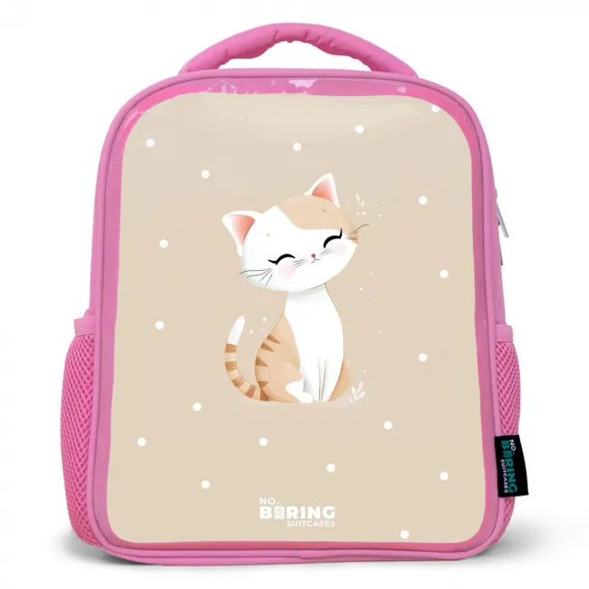 Kids' Backpacks Pink -. Cat surrounded by beige dots
