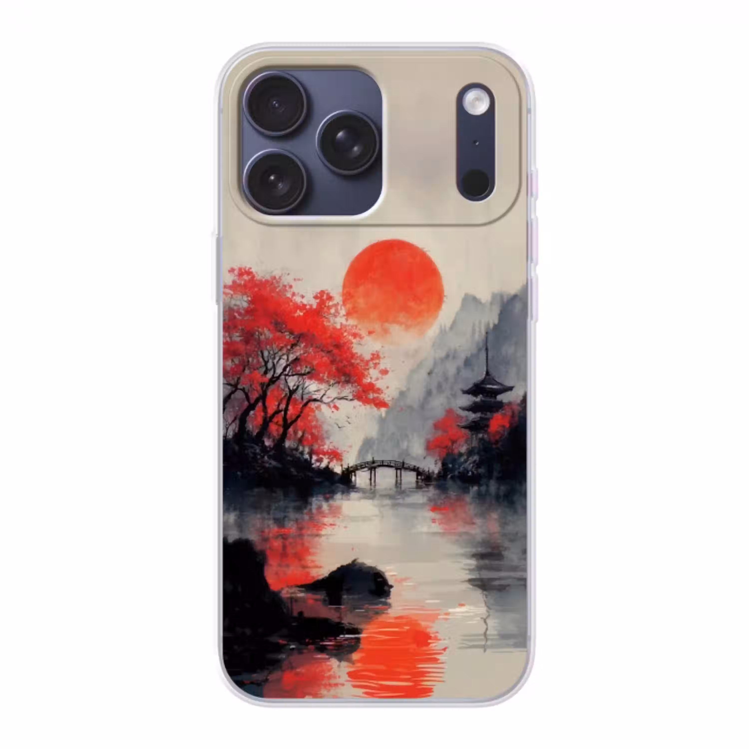 Rode zon - Rivier - brug - Bomen Telefoonhoesje iPhone 17 Pro Max klein -3d