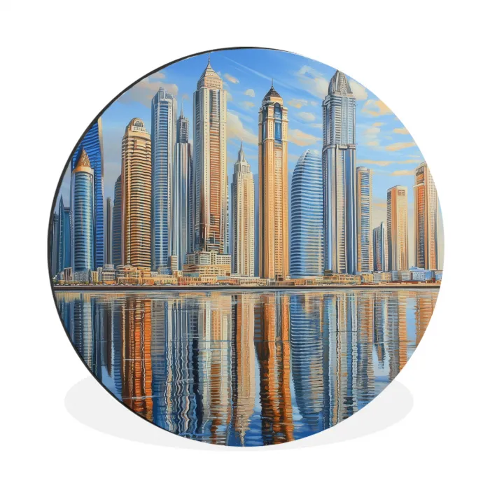 Skyline - Wolkenkrabbers - Water - Blauw Wandcirkel aluminium klein -3d