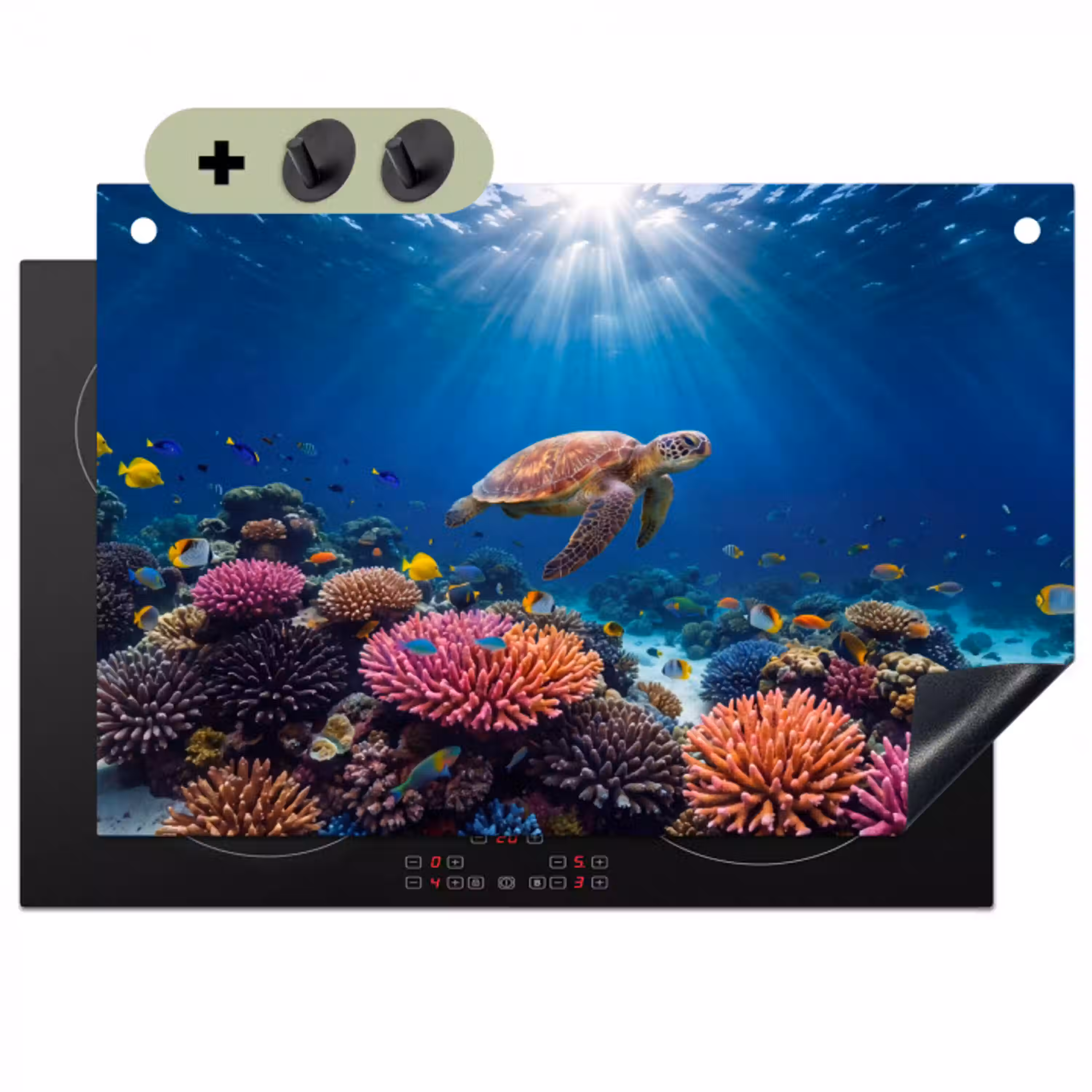 Schildpad - Koraalrif - Oceaan - Dieren - Blauw Inductie beschemer met haakjes klein -3d