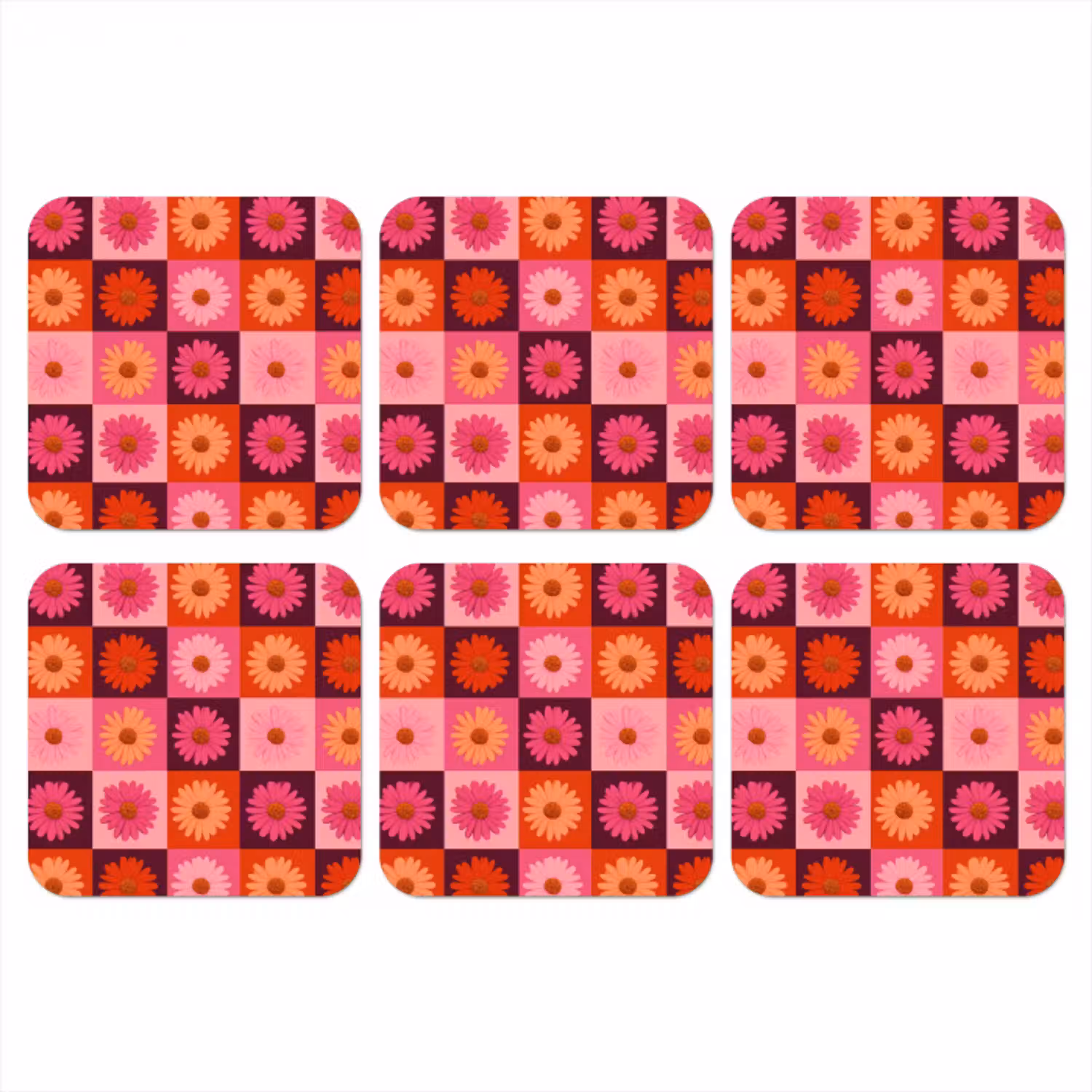 Madeliefjes - Dambord - Retro - Roze - Oranje onderzetter kurk middel 366 -3d