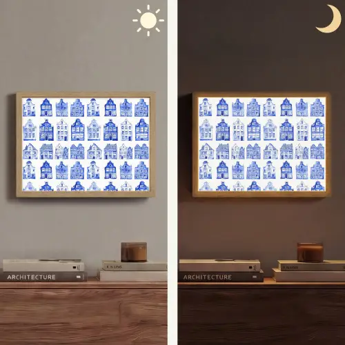 Patroon - Huizen - Blauw Light Box met batterij (Wandlamp) middel 907 -sfeer3