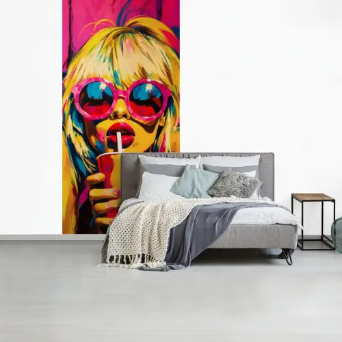 Zonnebril - Roze - Vrouw - Rietje fotobehang vinyl groot -slaapkamer