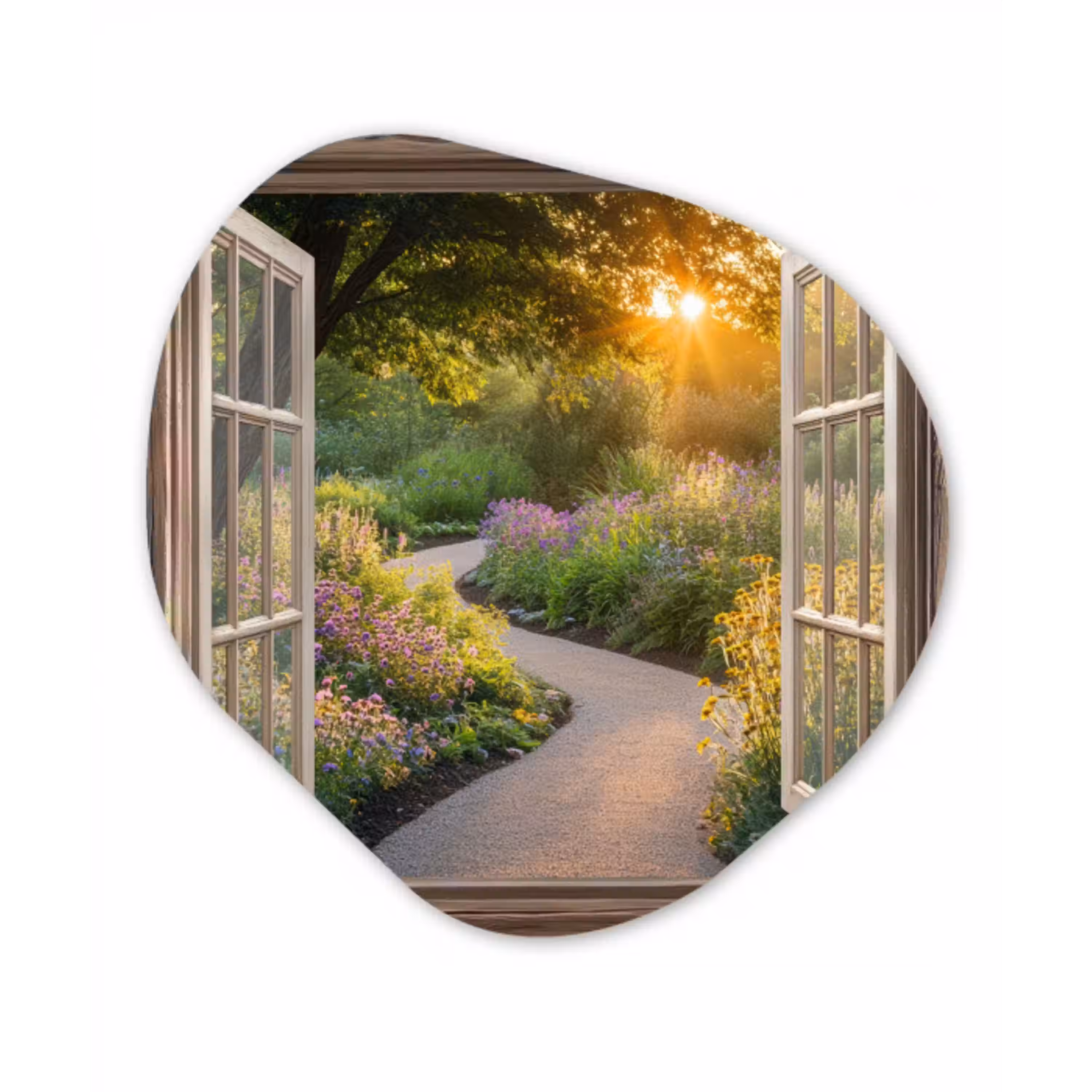 Doorkijk - Bloemen - Natuur - Zon - Pad Wandcirkel Organisch Plexiglas middel -3d