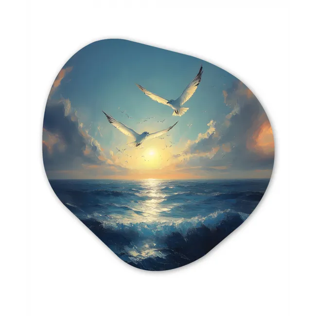 Meeuwen - Zee - Wolken -Blauw Wandcirkel Organisch Forex 3mm klein -3d