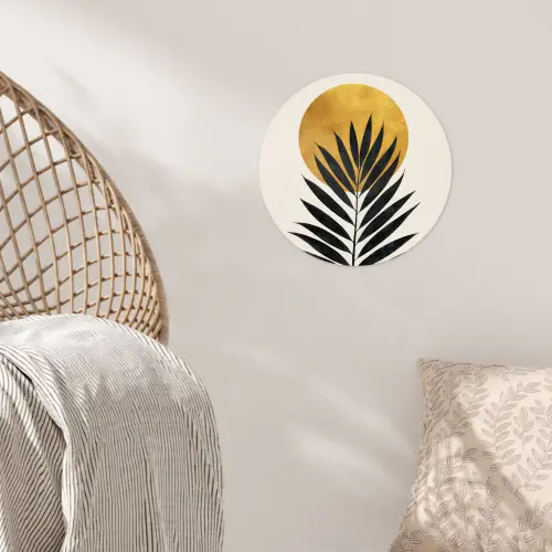 Zwart palmblad - Gouden cirkel - Beige achtergrond Wandcirkel behangsticker klein -sfeer4