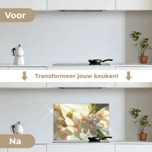 Bloesems - Wit - Zonnestralen -  Bloemblaadjes keuken achterwand spatscherm klein -voor_na_NL
