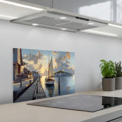 Zeilboot - Zon - Pier - Hout keuken achterwand spatscherm klein -3d_schuin