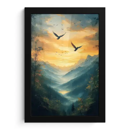 Vogels - Zon - Bomen - Groen fotolijst zwart zonder passe partout klein -3d