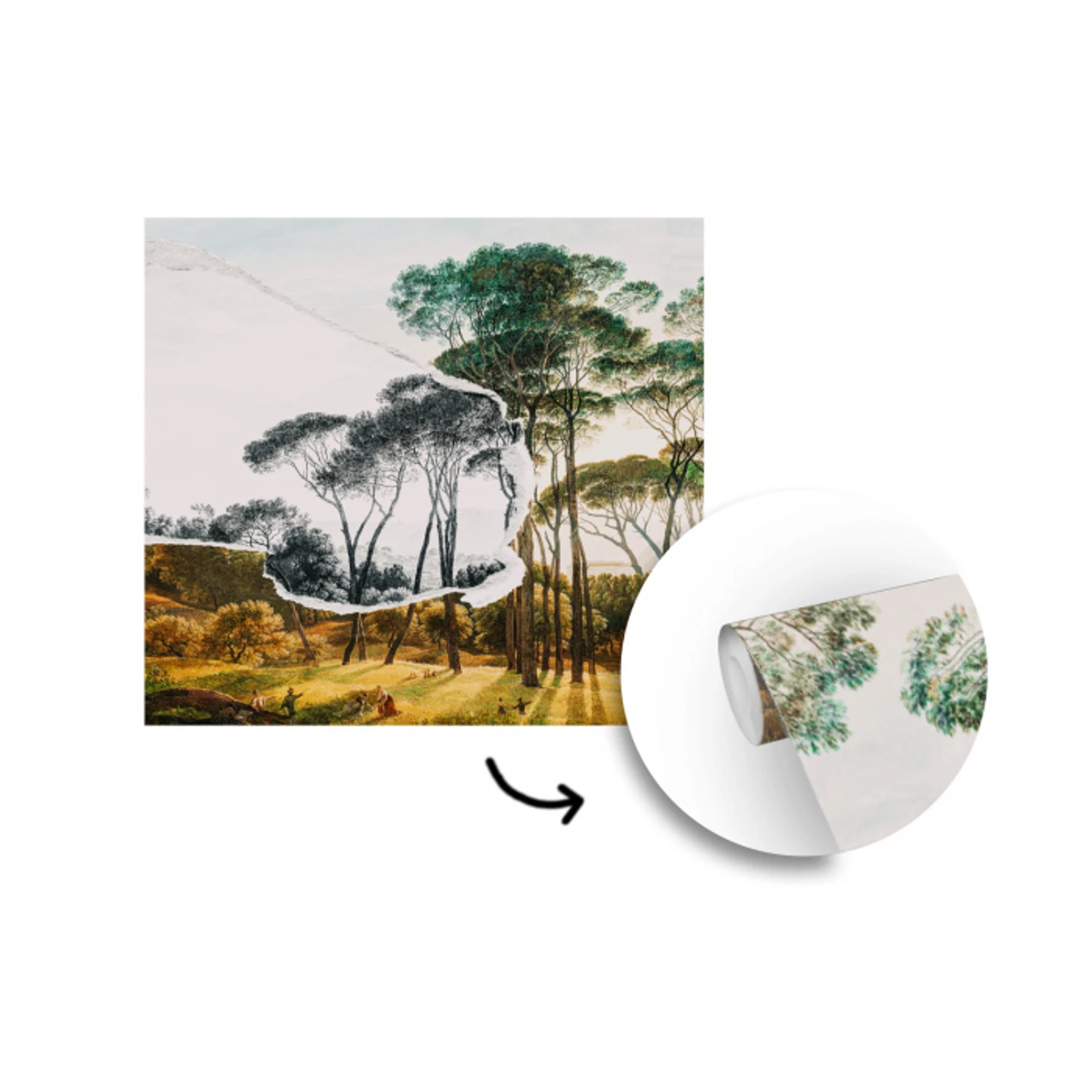 Italiaans landschap parasoldennen - Kunst - Hendrik Voogd - Schilderij - Zwart wit - Oude meesters fotobehang vinyl groot -3d