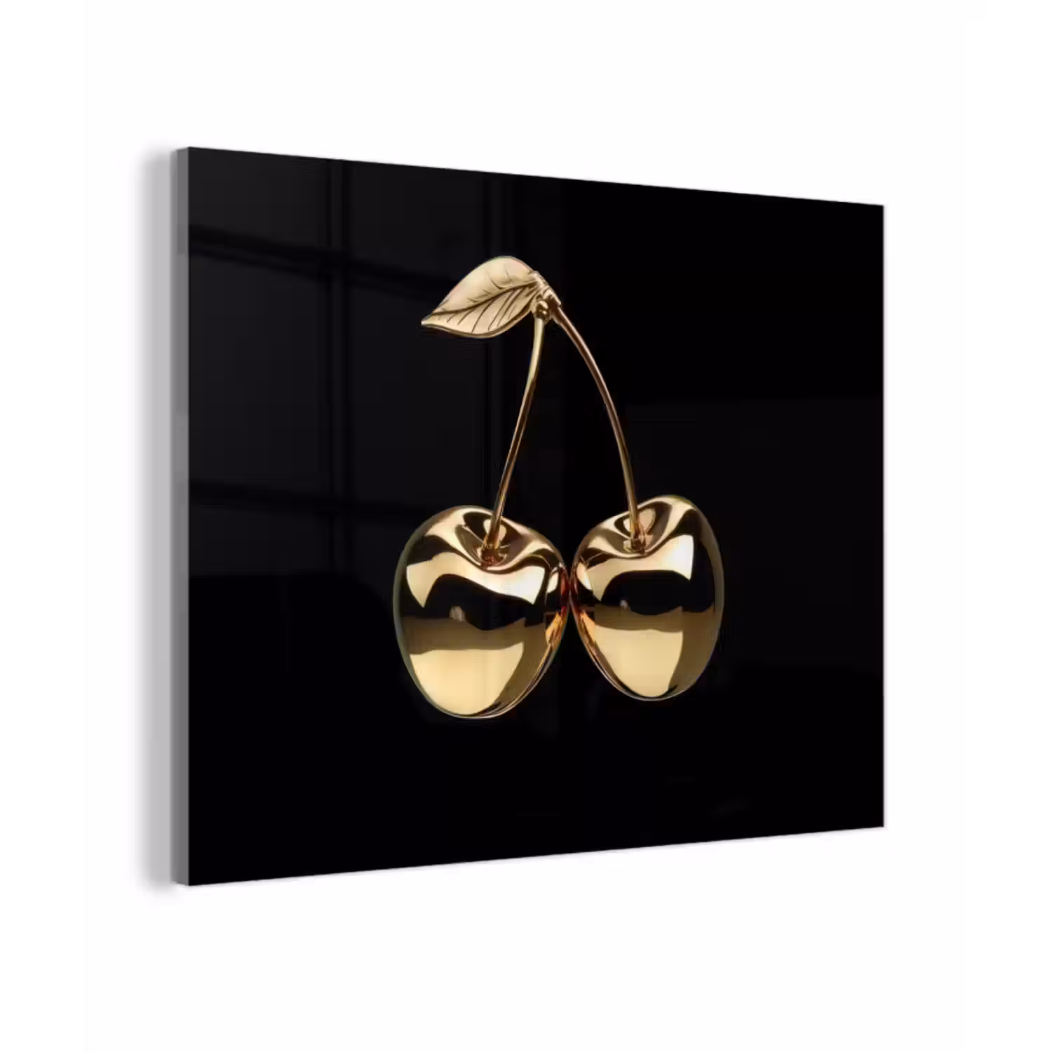 Glas schilderij - Kersen - Zwart - Goud - Chrome