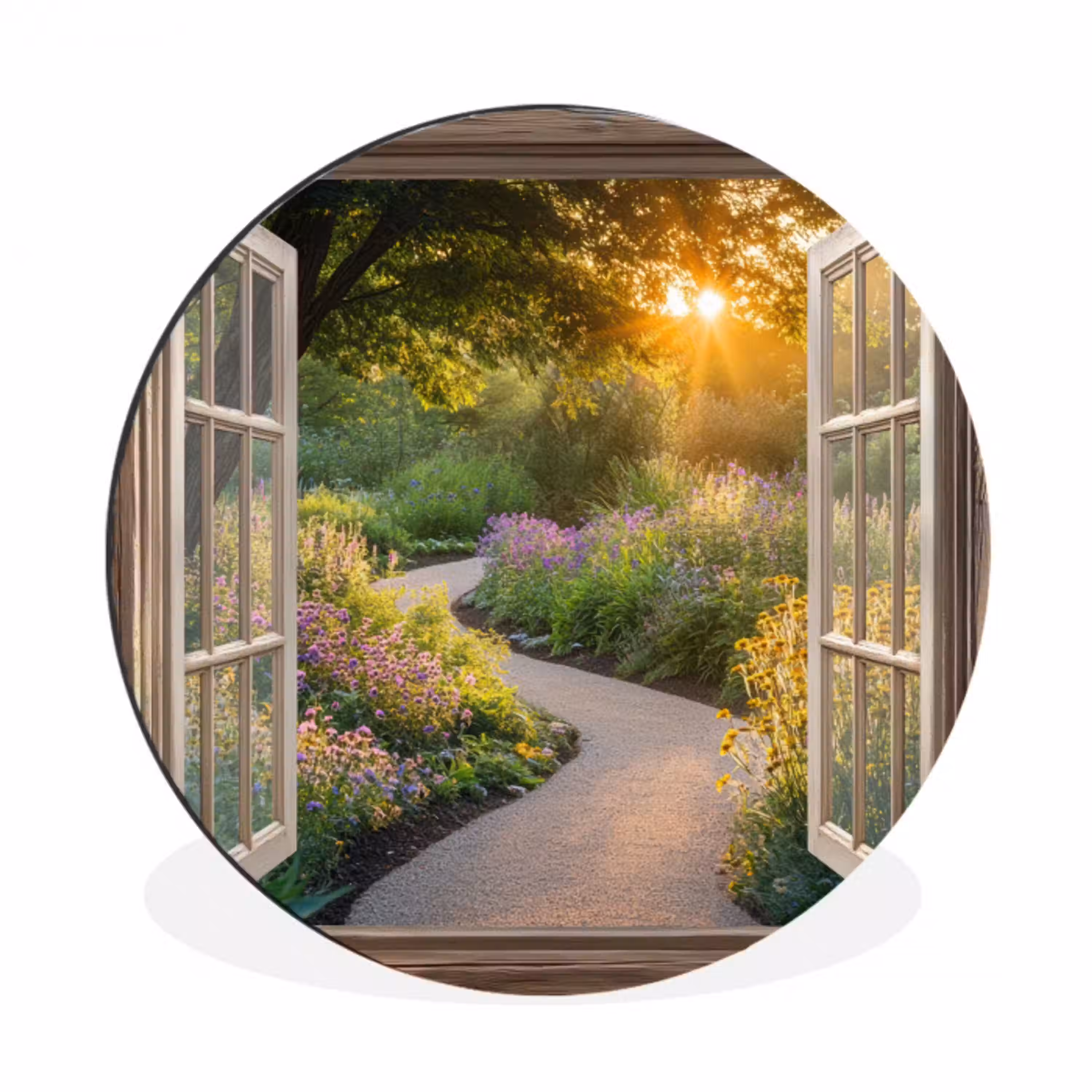 Doorkijk - Bloemen - Natuur - Zon - Pad Wandcirkel aluminium klein -3d