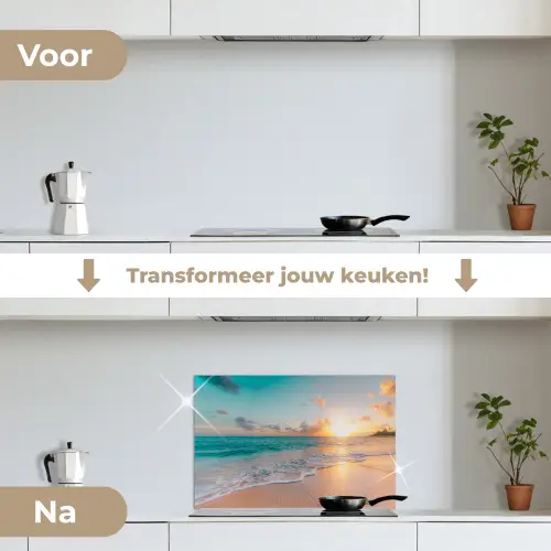 Zonsondergang - Strand - Zee - Zomer - Blauw keuken achterwand spatscherm klein -voor_na_NL
