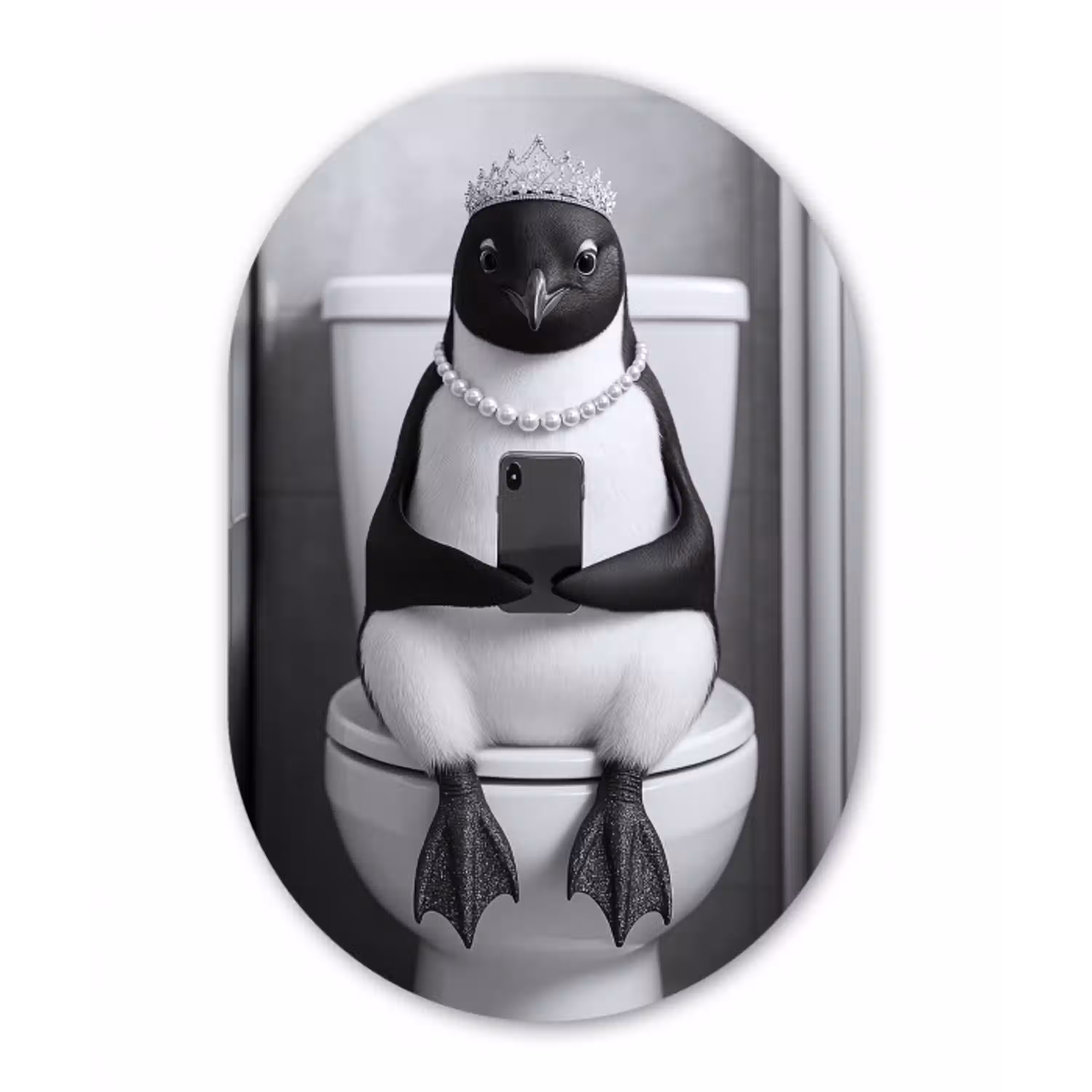 Pinguïn - Telefoon - Toilet - Zwart - Wit Wandcirkel Ovaal Aluminium middel -3d