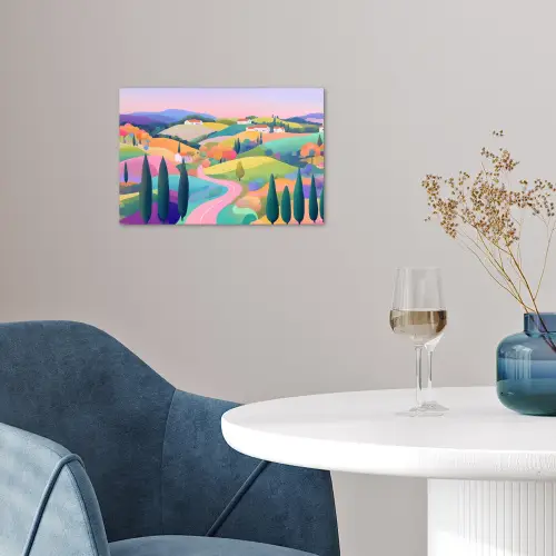Landschap - Paars - Pastel - Huizen poster papier klein -sfeer3