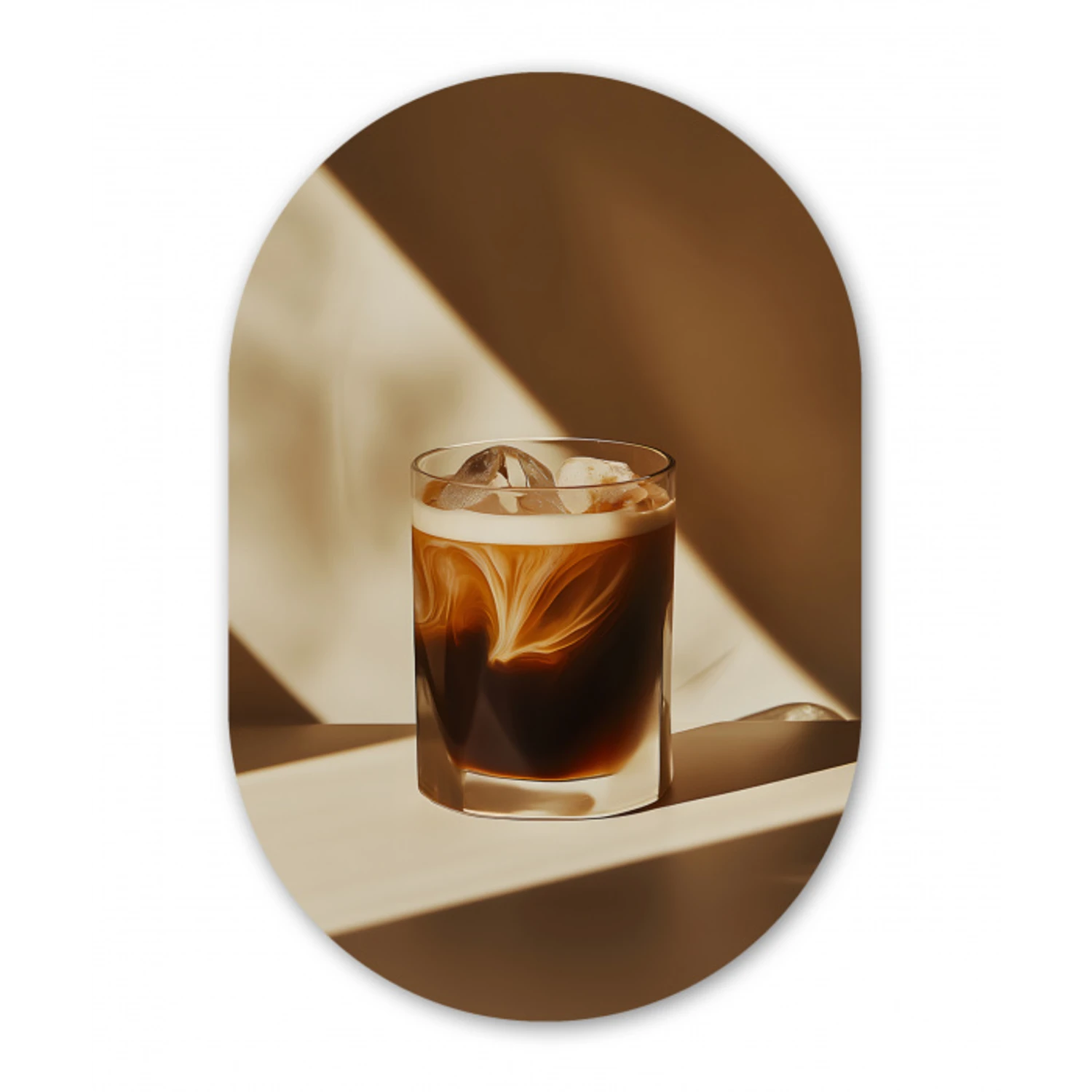 Glas - Ijskoffie - Schaduw - Bruin Wandcirkel Ovaal Aluminium middel -3d