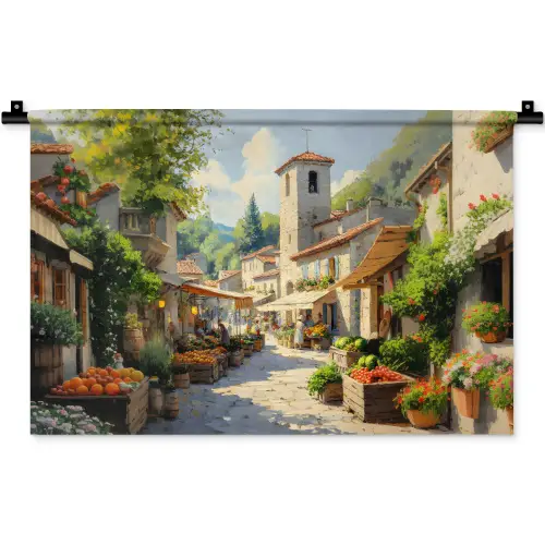 Dorp - Zon - Kraampjes - Huizen Wandkleed katoen klein -zz3d