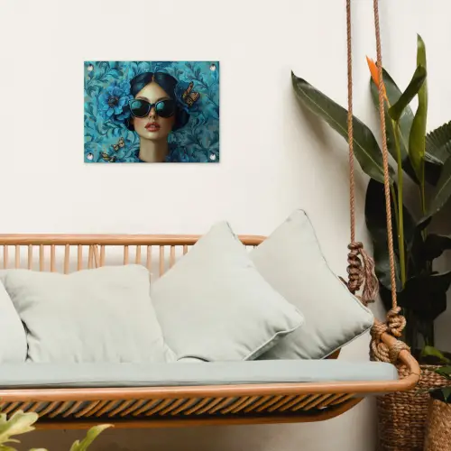 Vrouw - Bloemen - Vlinders - Blauw - Abstract tuinposter los doek klein -sfeer7