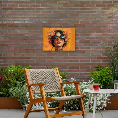 Vrouw - Bloemen - Aesthetic - Oranje Tuinposter op houten frame 2 cm dik klein -sfeer3