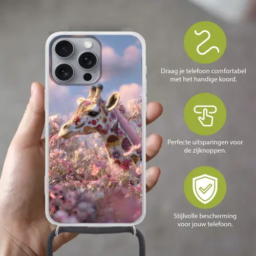 Giraffe - Bloemen - Roze Hoesje iPhone 16 Pro Max met koord klein -sfeer2_NL