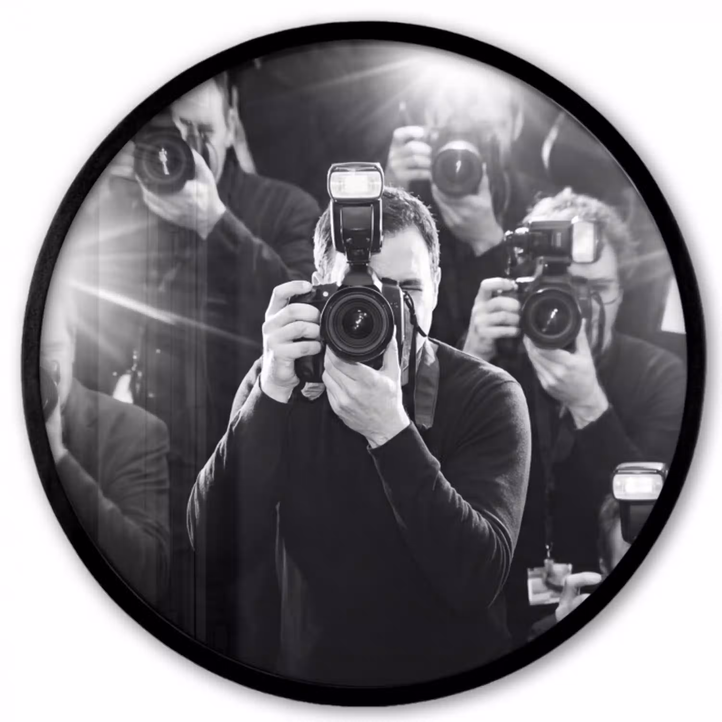 Mensen - Camera - Flitslicht - Zwart-wit - Media Fotolijst rond zonder passe partout klein -3d