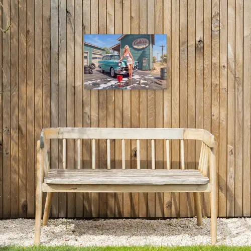 Auto - Vrouw - Groen Tuinposter op houten frame 2 cm dik klein -sfeer4