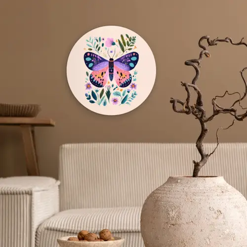 Bloemen - Bladeren - Vlinder - Kleurrijk Wandcirkel kunststof plaat 5mm dik klein -sfeer1