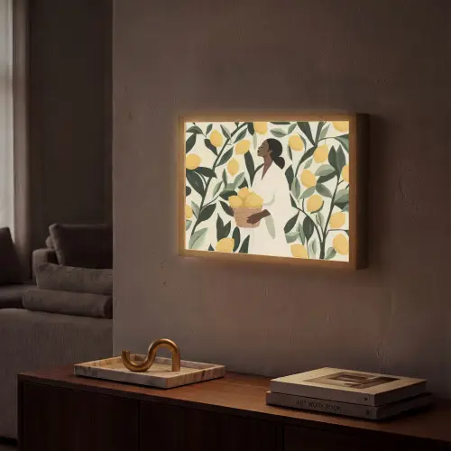 Vrouw - Mand - Citroenen - Bladeren Light Box met batterij (Wandlamp) middel -sfeer1
