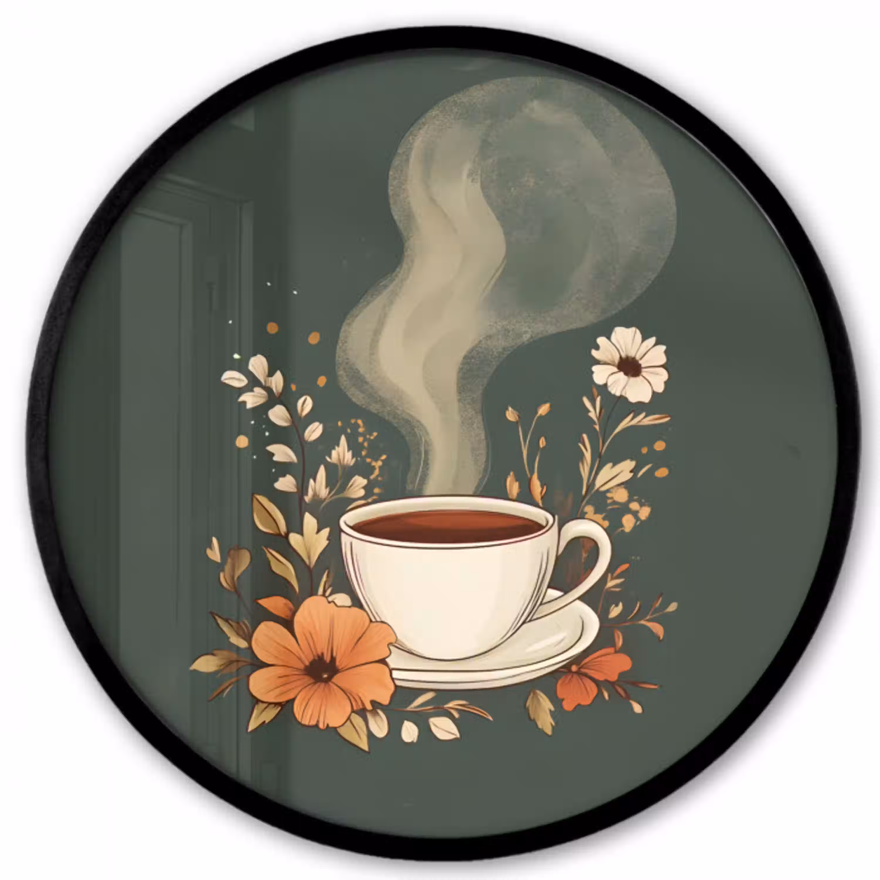 Kop - Bloemen - Groen - Koffie Fotolijst rond zonder passe partout klein -3d