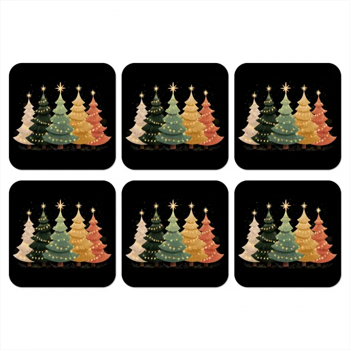 Kerstbomen - Kleurrijk - Lichtjes - Ster onderzetter kurk middel -3d