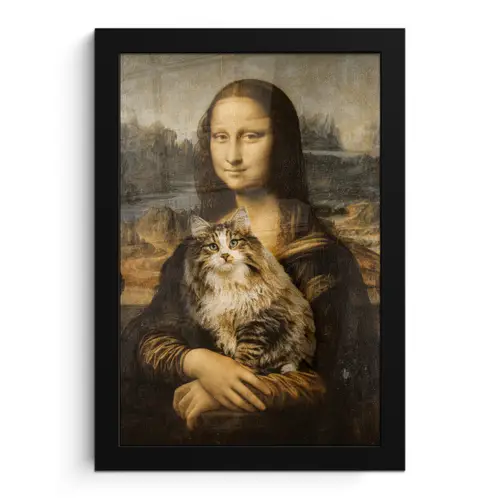Mona Lisa - Kat - Leonardo da Vinci - Vintage - Kunstwerk - Oude meesters - Schilderij fotolijst zwart zonder passe partout klein -3d