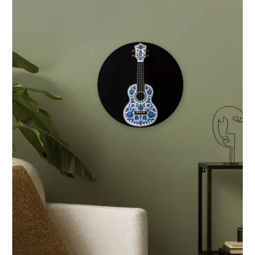 Ukelele - Delfts - Blauw - Muziek Wandcirkel kunststof plaat 5mm dik klein -sfeer3