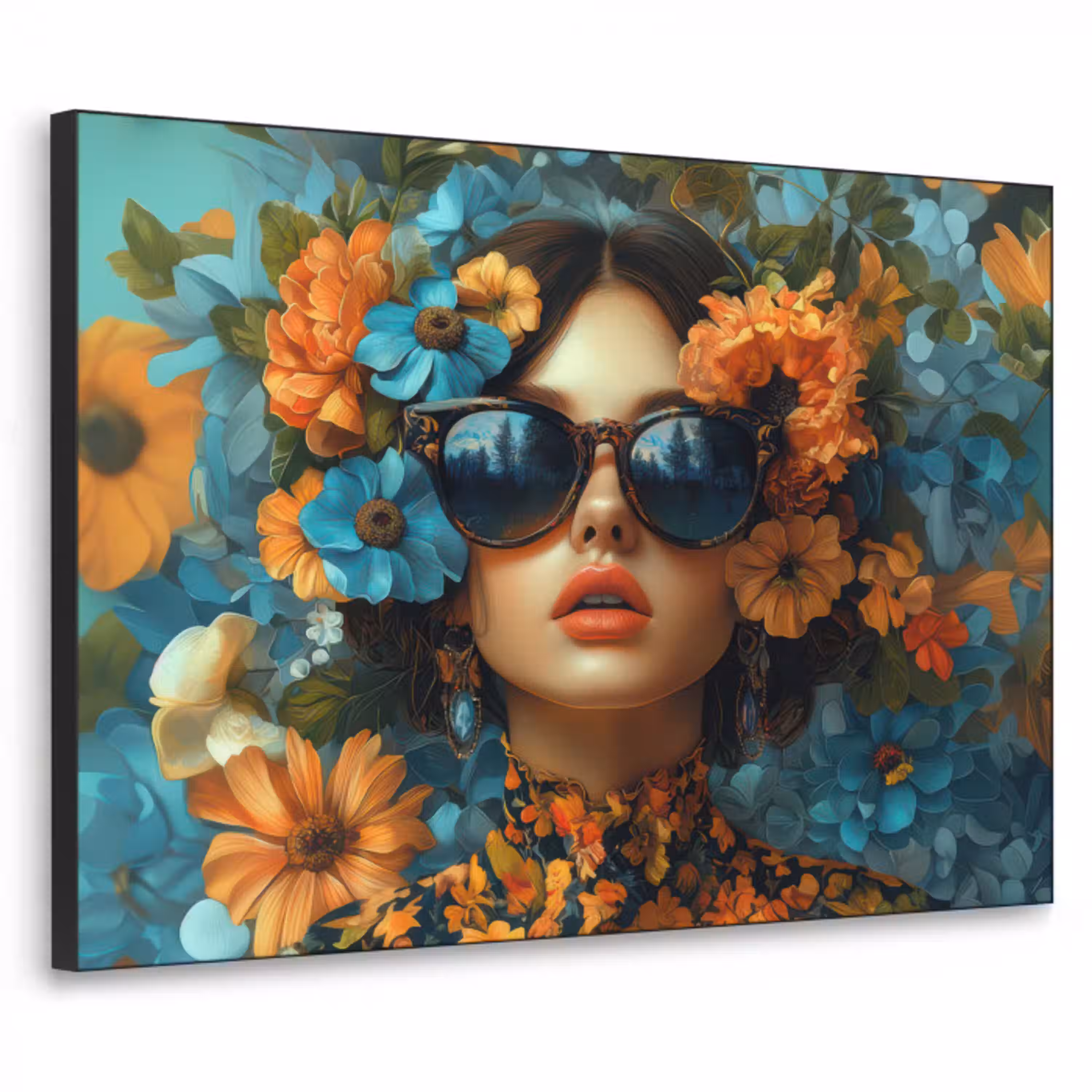 Vrouw - Bloemen - Oranje - Blauw - Modern Textielframe zwart klein -3d