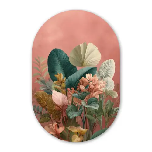 Tropische bladeren - Bloemen - Roze - groen Wandcirkel Ovaal Forex klein -3d