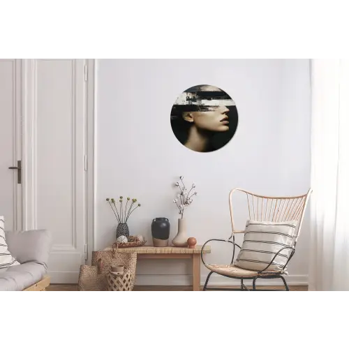 Gezicht - Vrouw - Zwart - Abstract Wandcirkel aluminium klein -woonkamer