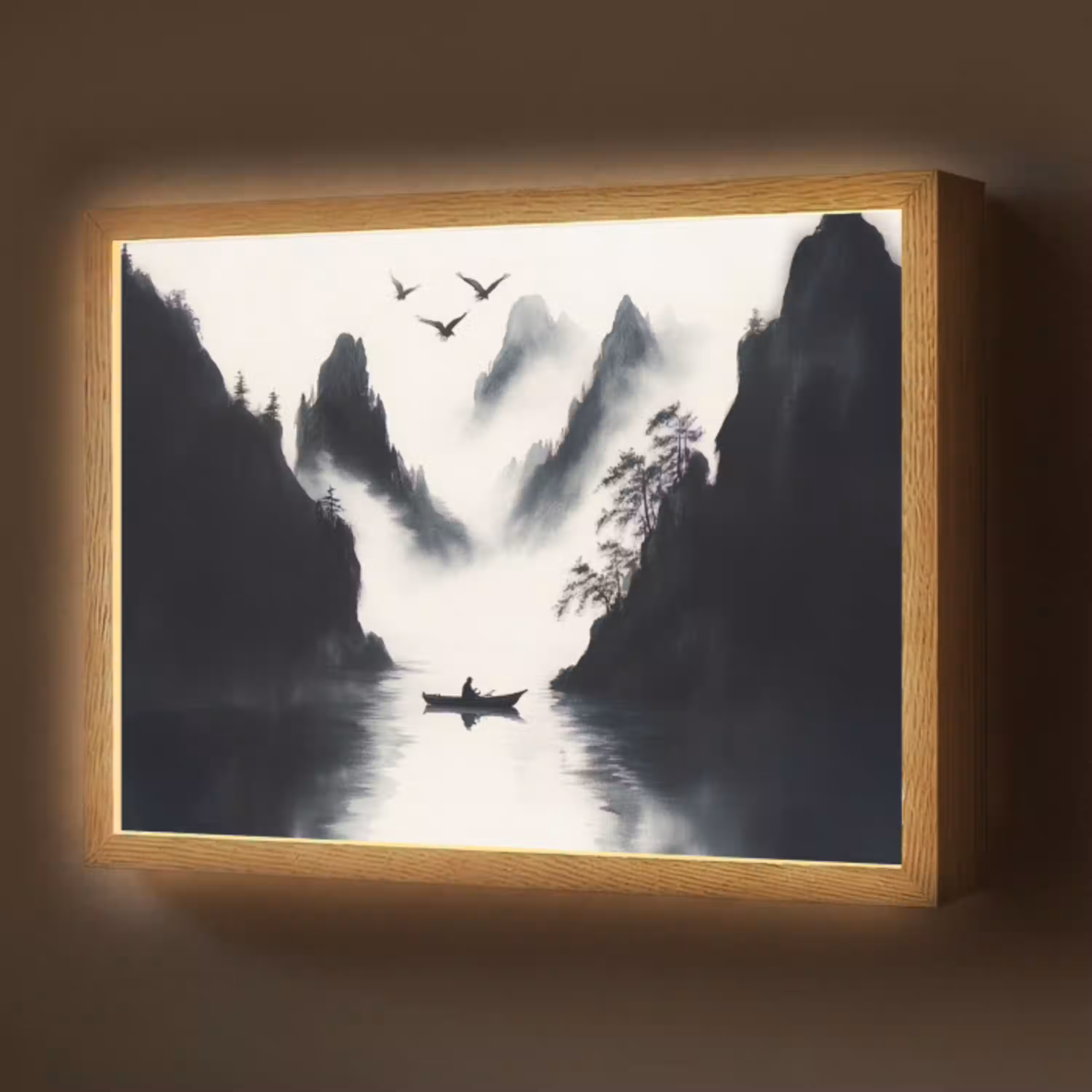 Roeiboot - Mistig - Bergen - Vogels Light Box met batterij (Wandlamp) middel -z3d_website