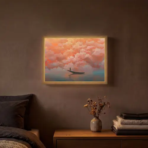 Zee - Boot - Wolken - Oranje Light Box met batterij (Wandlamp) middel -sfeer4