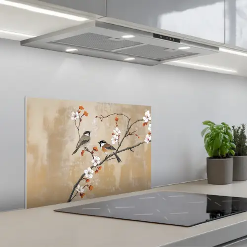Vogels - Bloesemtak - Bloemen - Oranje keuken achterwand spatscherm klein -3d_schuin