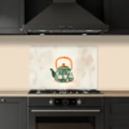 Theepot - Groen - Bloemen - Oranje keuken achterwand spatscherm klein -sfeer1