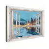 Doorkijk - Winterlandschap - Natuur - Huis - Bergen Tuinposter op houten frame 2 cm dik klein -3d