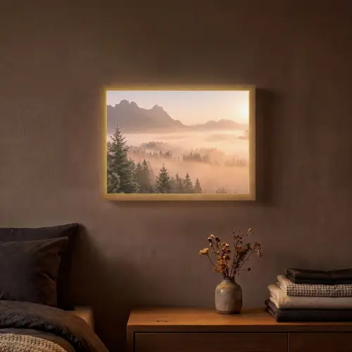 Zonlicht - Mist - Bergen - Bomen Light Box met batterij (Wandlamp) middel -sfeer4