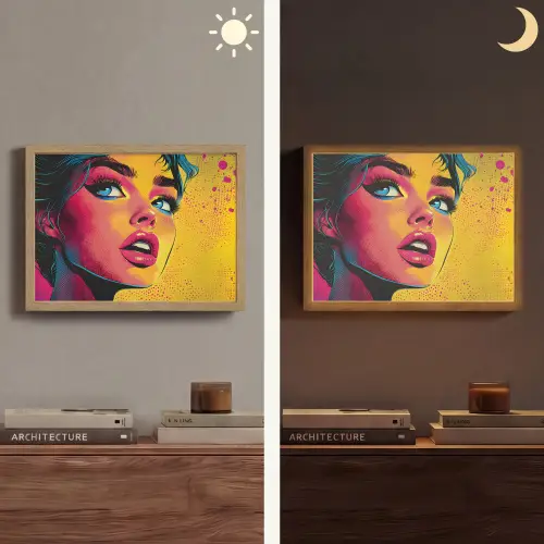 Close-up - Vrouwengezicht - Stippen - Geel Light Box met batterij (Wandlamp) middel -sfeer3