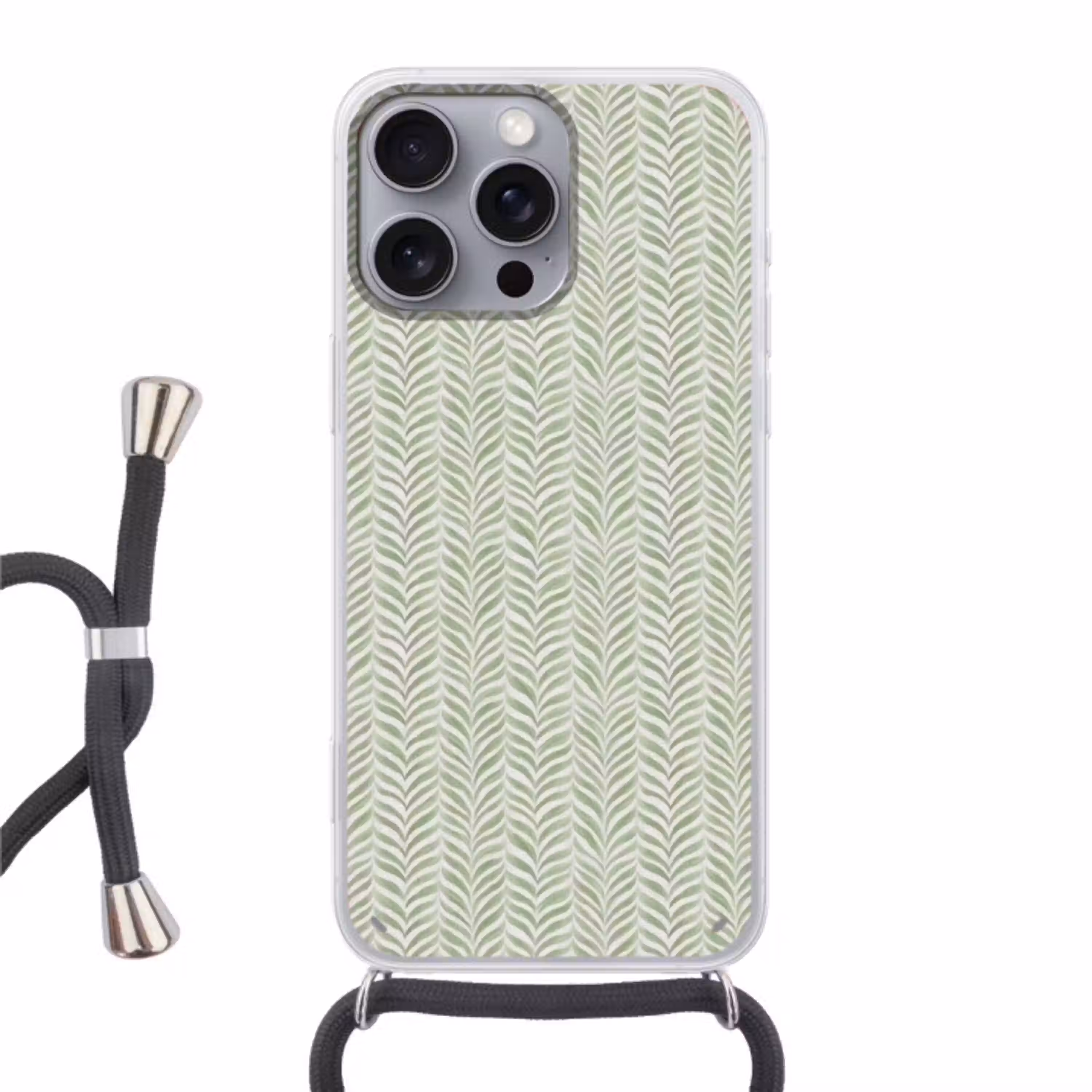 Saliegroen - Visgraat - Organisch - Penseelstreken - Patroon Hoesje iPhone 16 Pro Max met koord klein 804 -3d