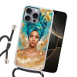 Portret - Vrouw - Schilderij - Blauw - Goud - Expressief Hoesje iPhone 16 Pro Max met koord klein -sfeer1