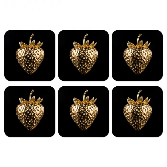 Aardbei - Goud - Zwart - Chrome onderzetter kurk middel -3d