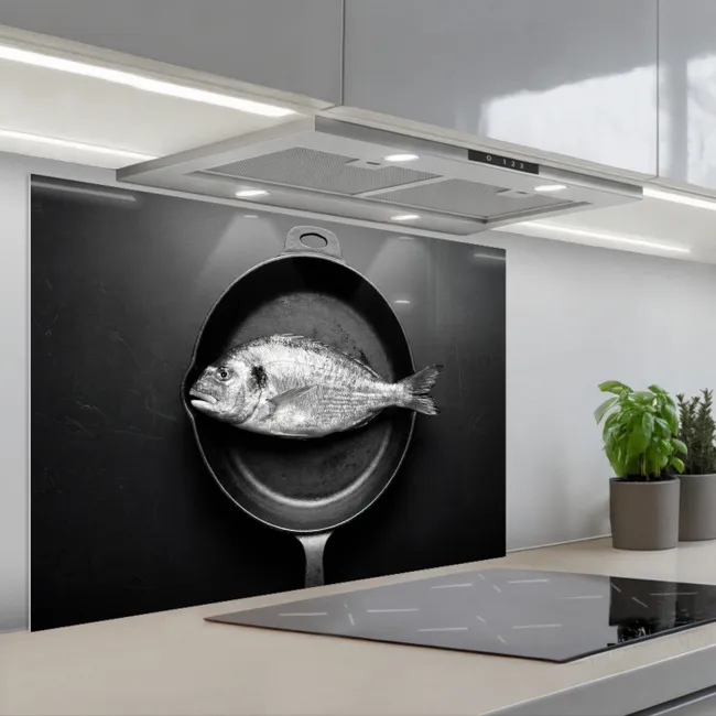 Spatscherm keuken - Pan - Vis - Zwart - Wit