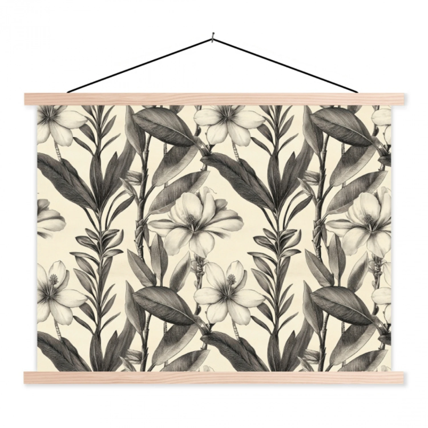 Klassiek - Botanisch - Zwart - Beige textielposter latten blank klein 122 -3d