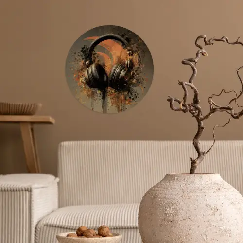Koptelefoon - Bruin - Verf - Vintage Wandcirkel behangsticker klein -sfeer1